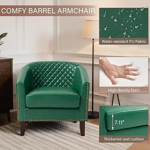 Miniatura 3 de Pia Ricco Juego de 2 sillas de barril de piel sintética, modernas y cómodas, sillas de club tapizadas con ribete de cabeza de clavo, sofá individual