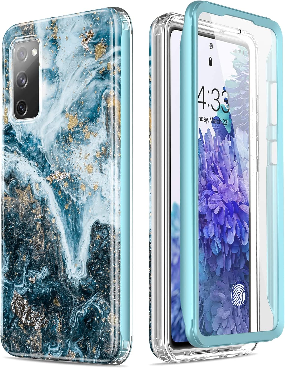 Esdot Compatible with Samsung Galaxy S20 FE Case with Built-in Screen Protector,with Fashionable Designs for Women Girls,Protective Phone Case for Galaxy S20 FE 6.5" Opal Marble Teal