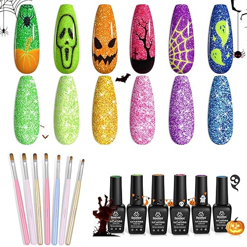 Beetles - Juego de 6 esmaltes de gel con purpurina reflectante, juego de esmaltes de uñas de gel neón con 7 piezas de cepillo de gel de extensión de