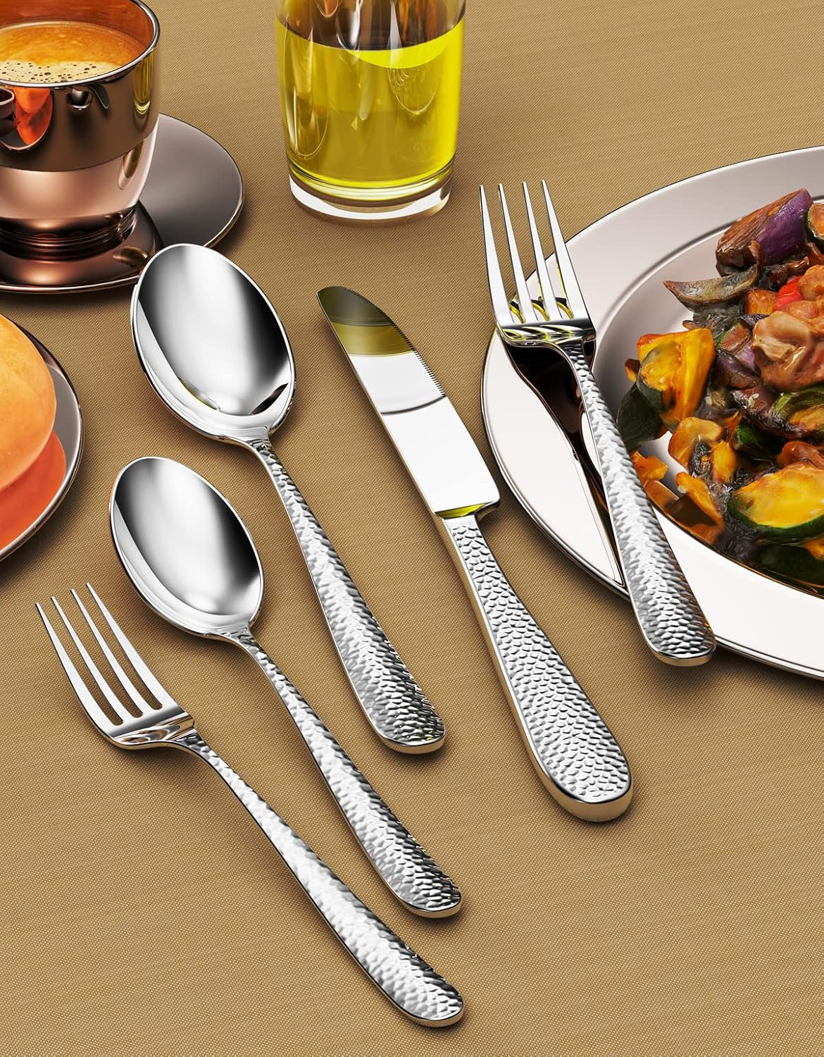 Hammered Silverware Set, Stainless Steel 20-Piece Flatware, Rhombus Pattern Handle Cutlery Set Service for 4, Knives/Forks/Spoons, Mirror Polished, Dishwasher Safe