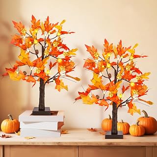 2 Pack Lighted Fall Trees, 24" Artificial Maple Trees with 24 LED Lights – Perfect for Thanksgiving, Autumn Harvest, Weddings, Table Centerpieces & Indoor Fall Decor