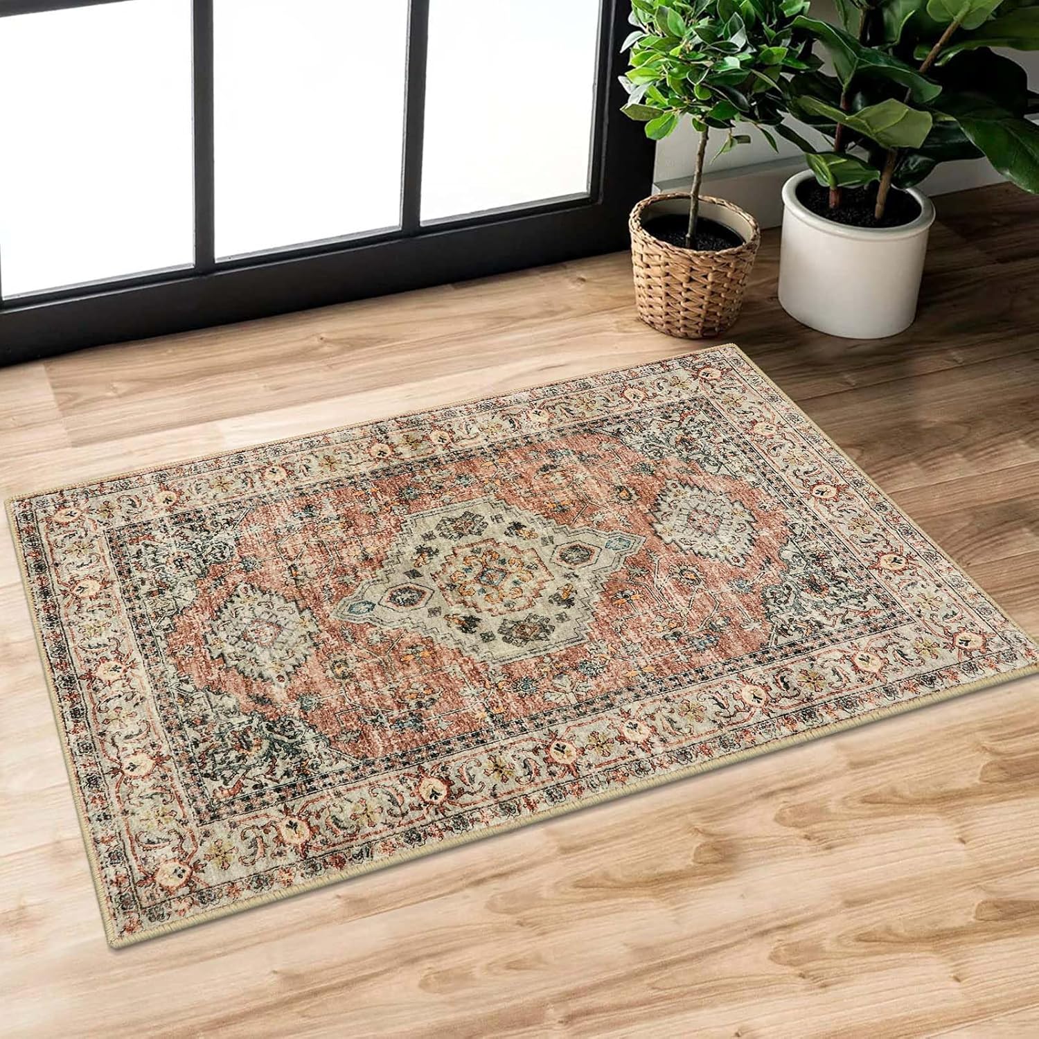 Lahome Oriental Door Mat Indoor Entrance, 2x3 Washable Fall Indoor Rugs for Entryway Soft Small Kitchen Rugs Non Slip Ultra-Thin, Vintage Door Mat Carpet for Bedroom Bathroom, Peach/Orange