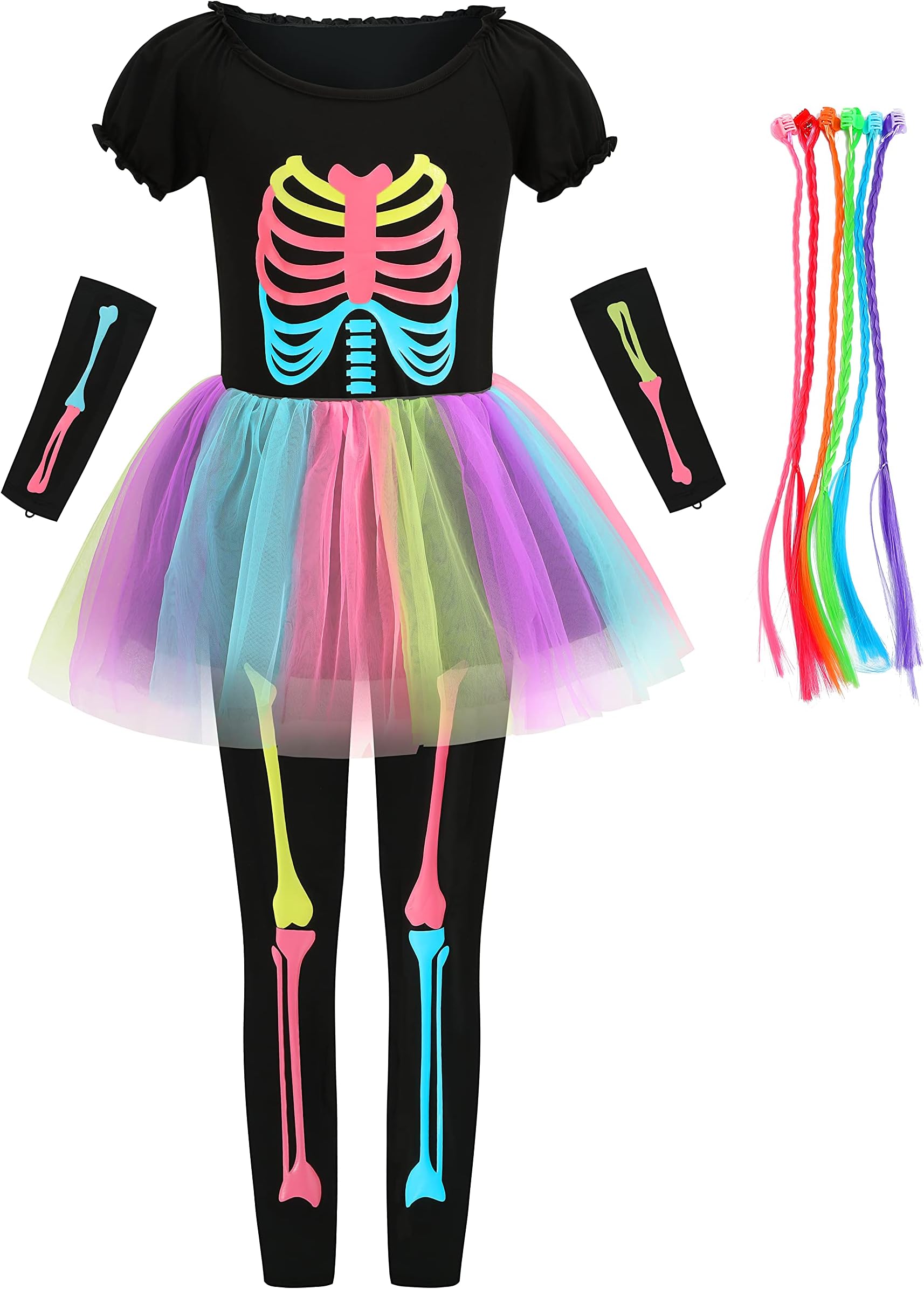 LMYOVE Girls Skeleton Costume Glow in The Dark Punk Bones Halloween Tutu Dress for Kids Deluxe Costumes Set for 3-12Y