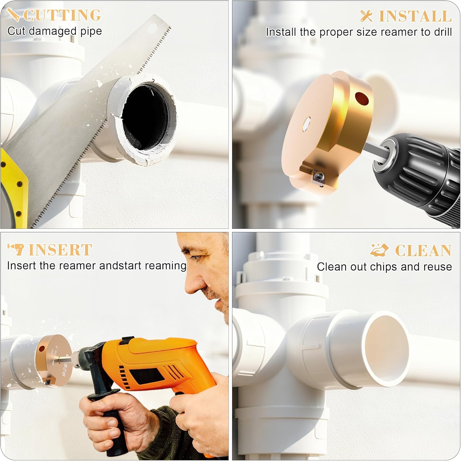 Pvc Pipe Reamer Kit 8-Piece Set, Pvc Pipe Reamer Includes 1/2 Inch, 3/4 Inch, 1 Inch, 1-1/4 Inch, 1-1/2 Inch, 2 Inch, 3 Inch, 4 Inch, Suitable For Standard 1/2 Inch Drill Bits And SCH