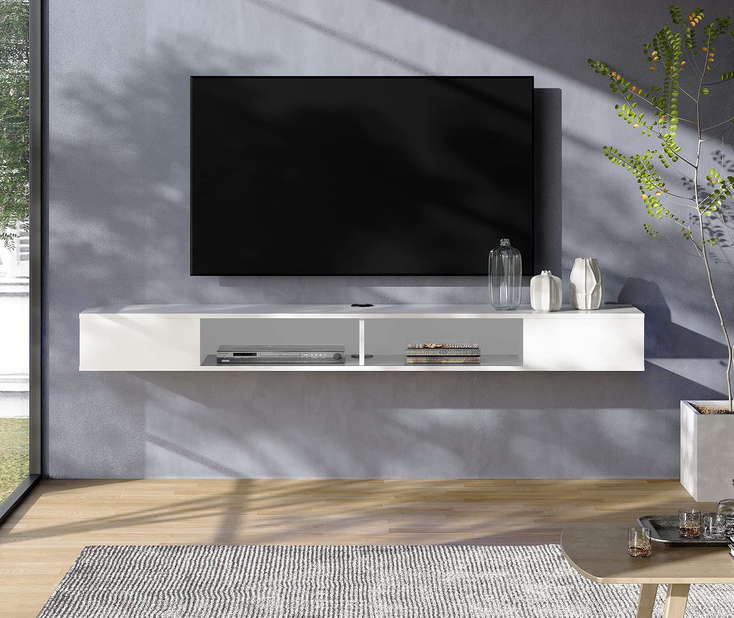 WAMPAT 70 inch Floating TV Shelf for 75 inch TV, Floating TV Stand with Storage Under TV for Living Room, Entertainment Center for Wall, White