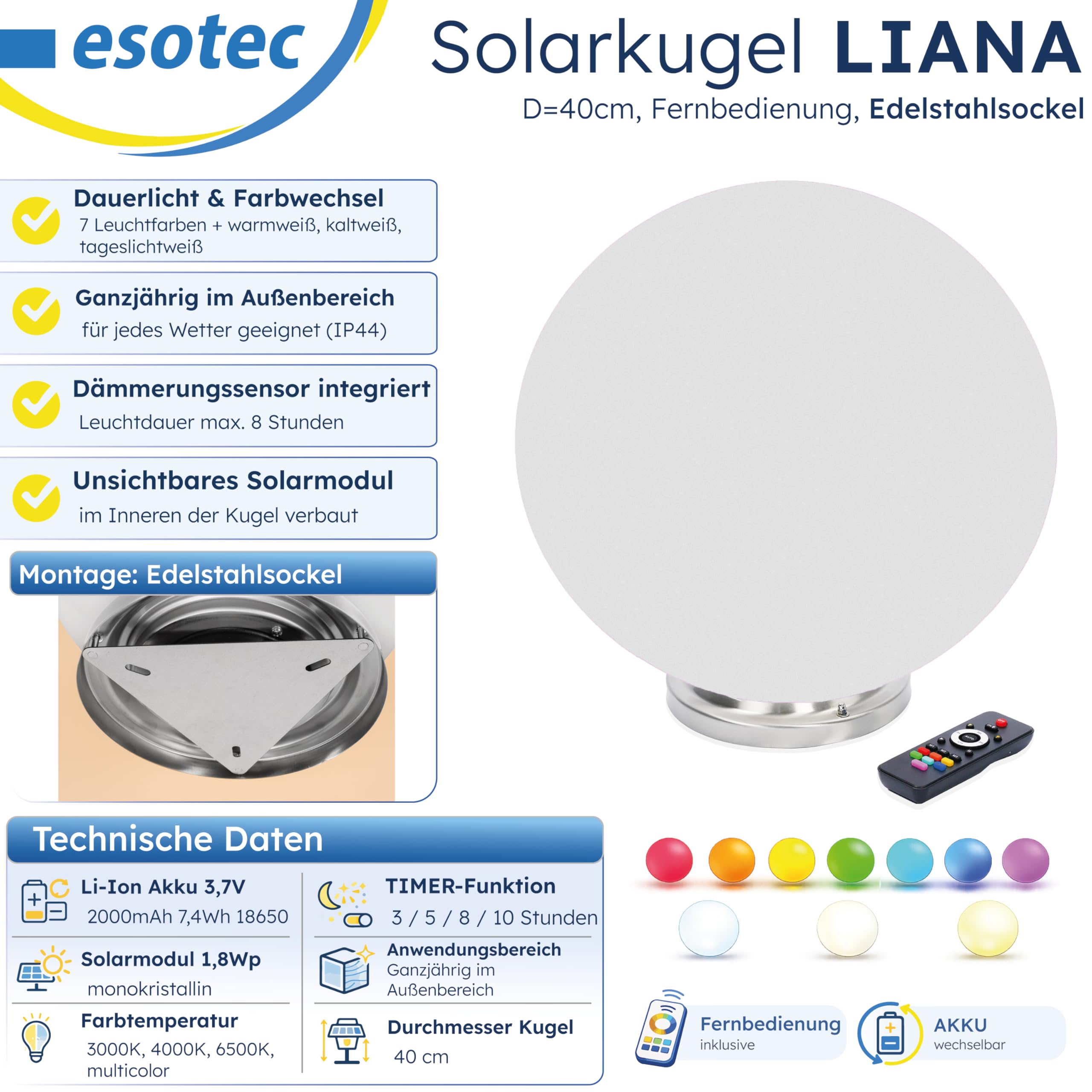 Esotec Solar Leuchtkugel Liana 40 CCT, multicolor, Fernbedienung, Li-Ion Akku, Edelstahl-Halterung, RGB LED Gartenkugel, Solarkugel, IP44, wetterfest, winterfest, außen, 40cm, 102660