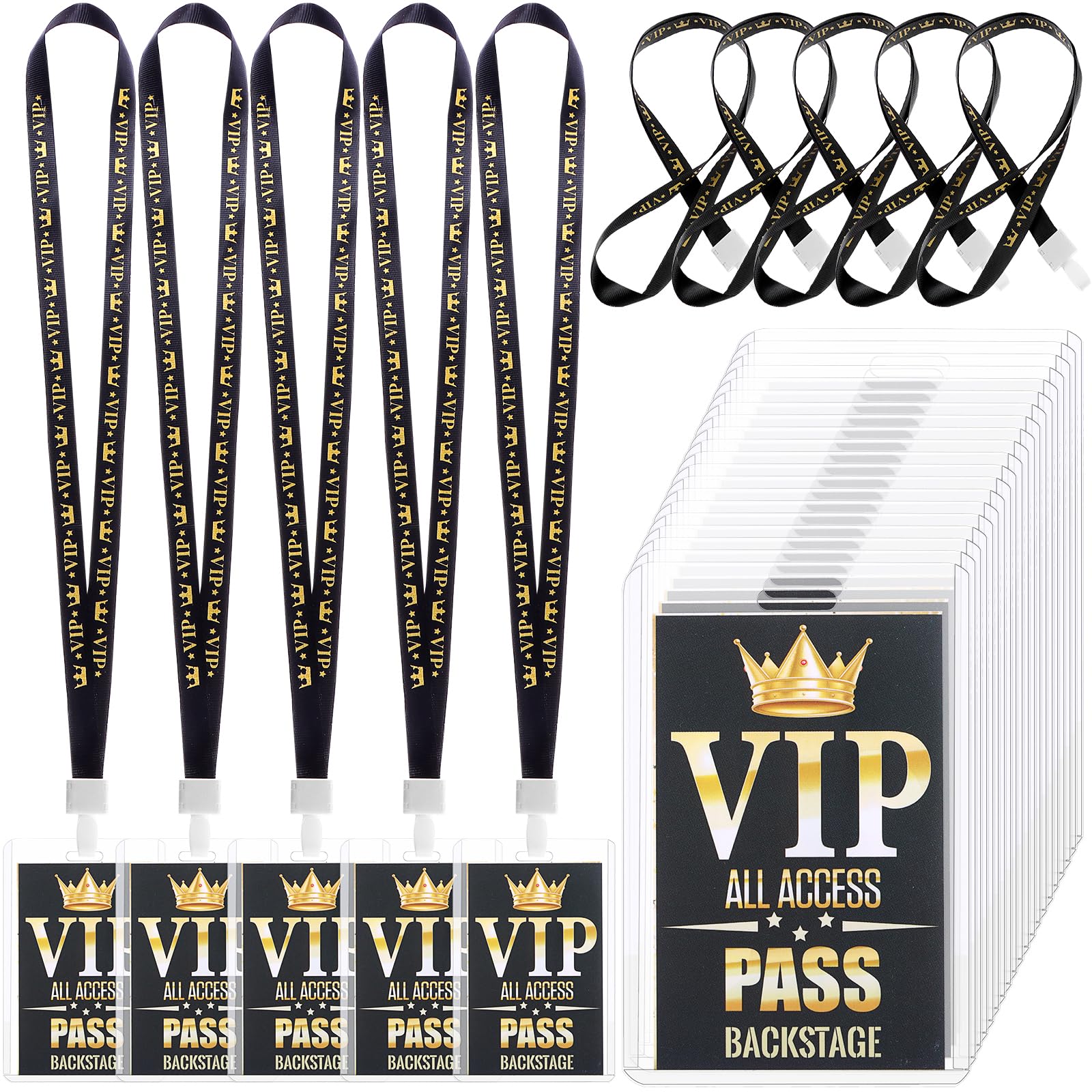 FIONUPI VIP Badge Lanyards Plastic Clear VIP Backstage Pass Cards Bulk with Black Breakaway Lanyard for Quince Concert Event Birthday Award Movie Night Party Organizer (25)