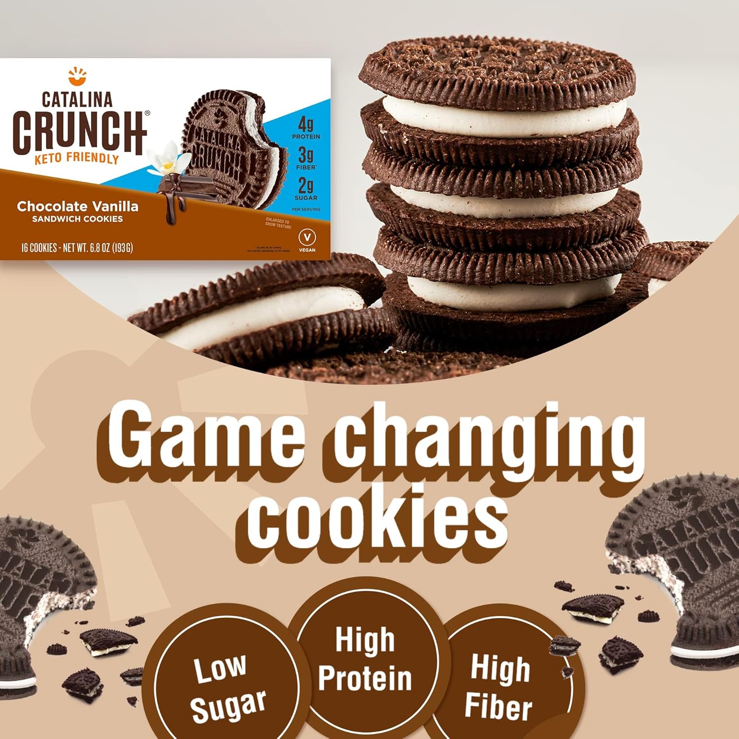 Catalina Crunch Keto Cookies Chocolate Vanilla Flavor - Low Carb, Low-Sugar Snacks - Pack of 4