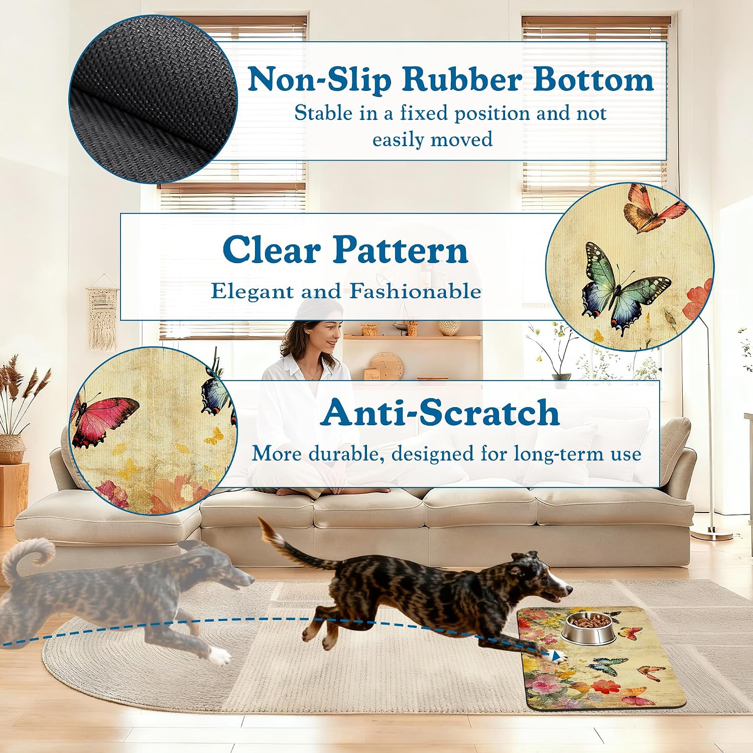 Vintage Butterfly Floral Pet Food Mat for Cats and Dogs–Absorbent Quick Dry Feeding Placemat, Non Slip Rubber Base, Waterproof Bowl Mat for Indoor Use, Pet Supplies 12"x20" image 4