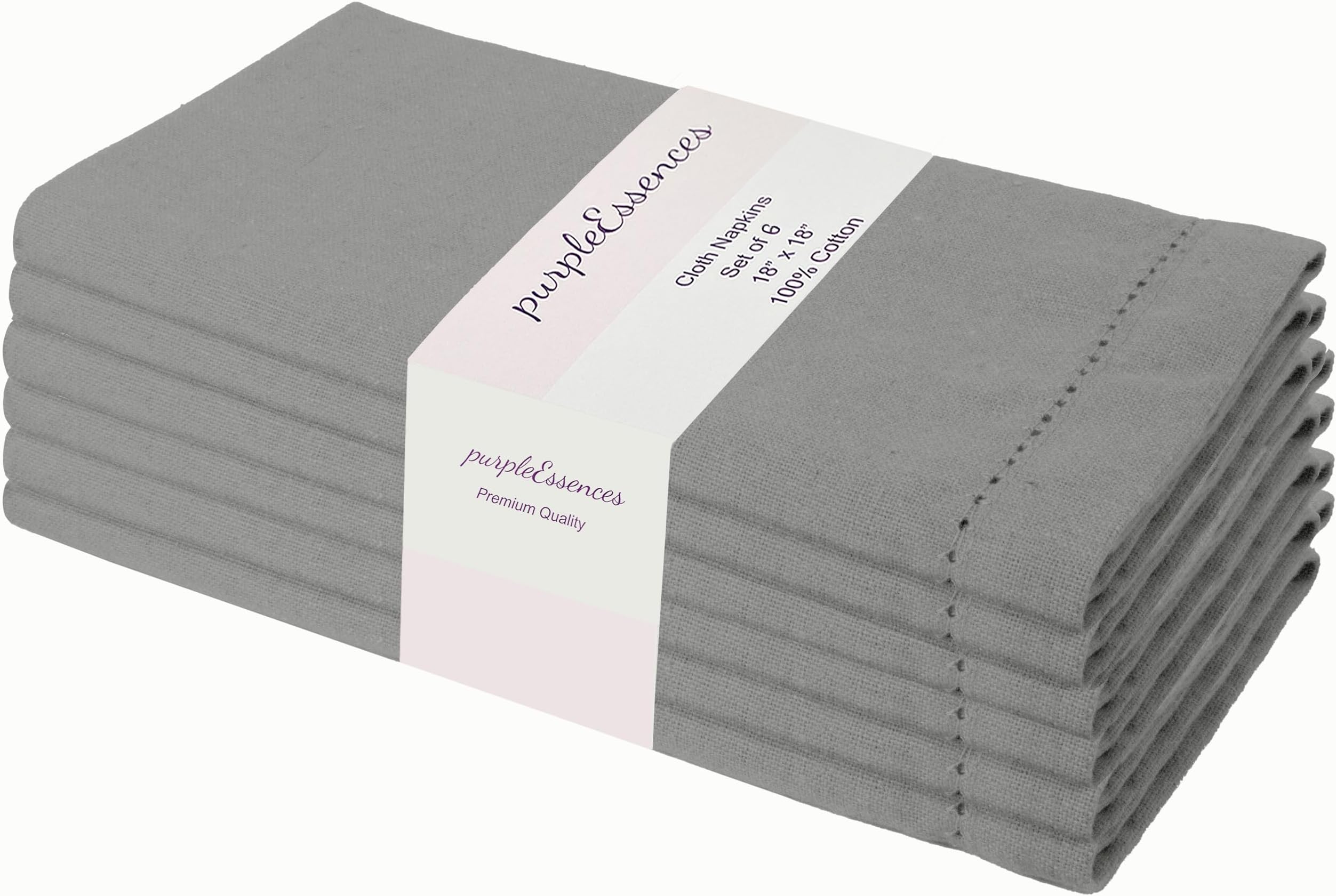 PurpleEssences Set of 6 Hemstitch Cloth Dinner Napkins 100% Cotton - Soft Durable Washable - Ideal for Wedding Fall Thanksgiving - Perfect Everyday Use Table Linen 18x18 - Ash GreyOEKO-TEX STANDARD 100