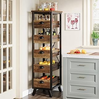 Tribesigns Wood Fruit and Vegetable Storage Rack, 5-Tier Narrow Snack Stand Kitchen Stand Fruit Basket, Pull-Out Utility Organizer for Kitchen, Living Room, Rustic Brown