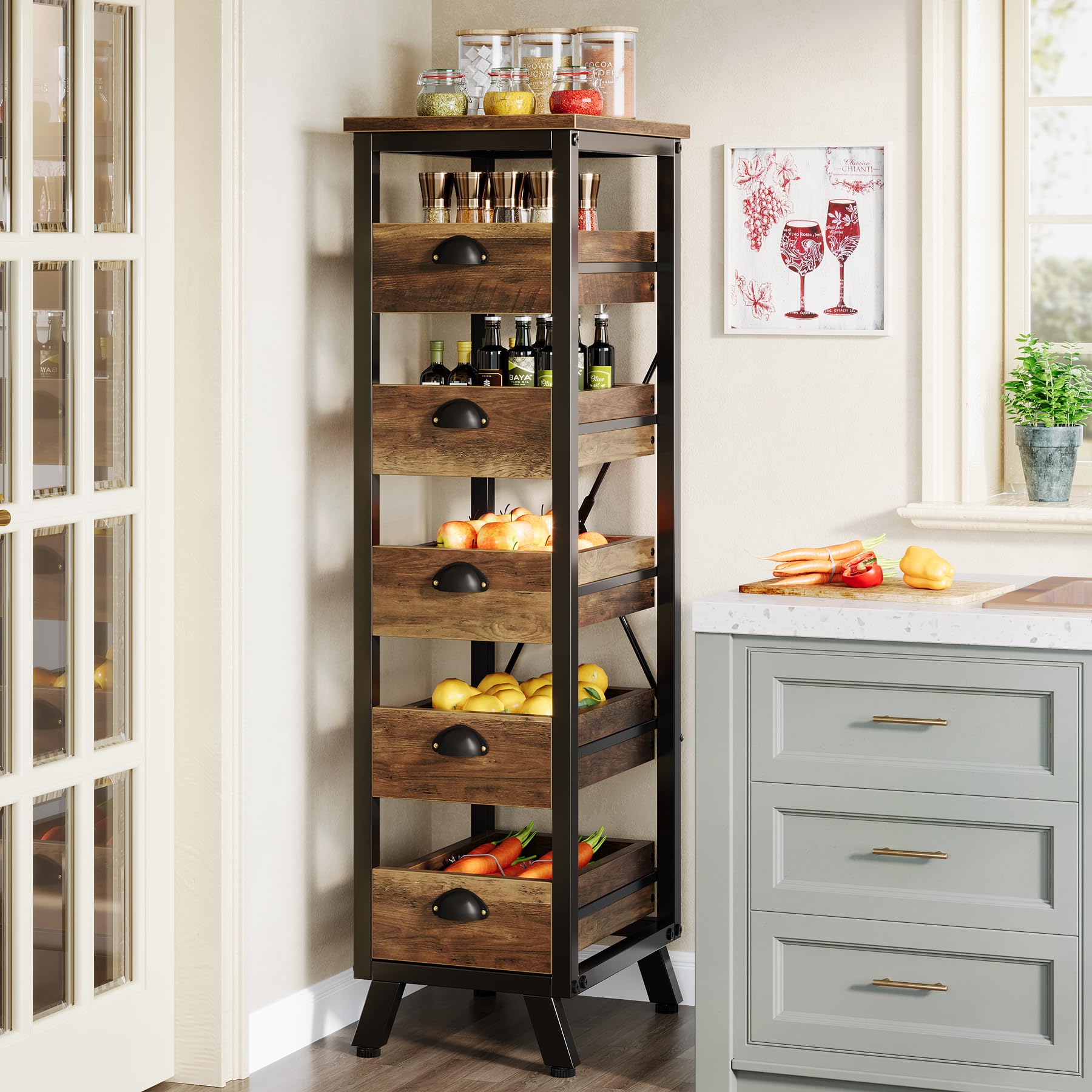 Tribesigns Wood Fruit and Vegetable Storage Rack, 5-Tier Narrow Snack Stand Kitchen Stand Fruit Basket, Pull-Out Utility Organizer for Kitchen, Living Room, Rustic Brown