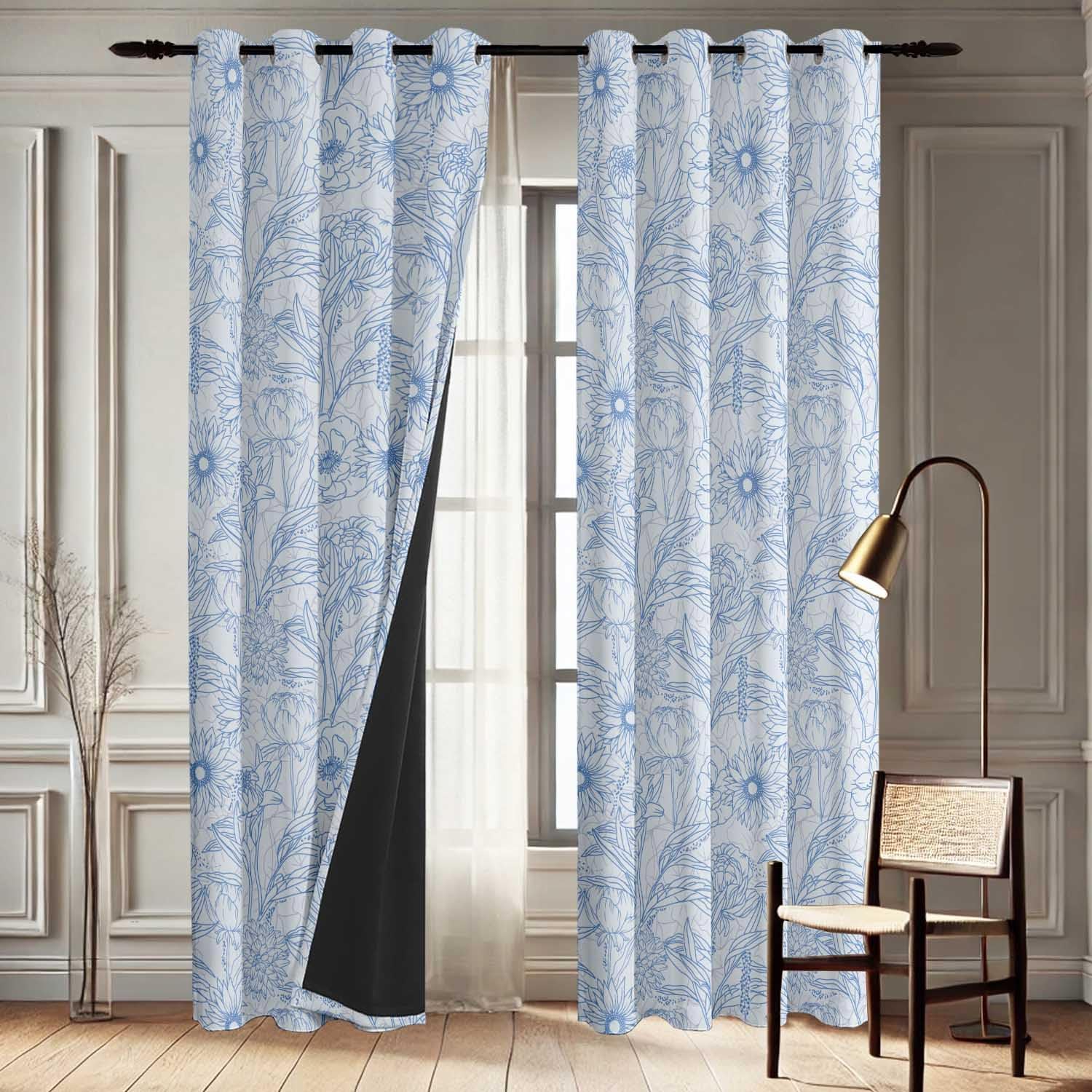 Printed Blackout Curtains - Blue Floral Line Art Design, Set of 2 Panels, 42 x 63 Inches - Room Darkening, Thermal Insulated Window/Door Drapes with Grommets