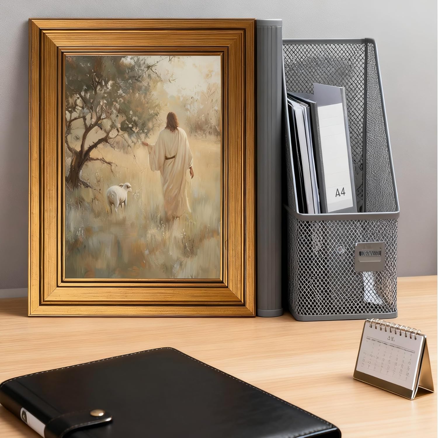 Gold Framed Vintage Wall Art Jesus and Lamb Canvas Printing shepherd Wall Decor Christian Art Poster Modern Religious Art Print for Living Prayer Room Bedroom Home Decoration 16×12inch