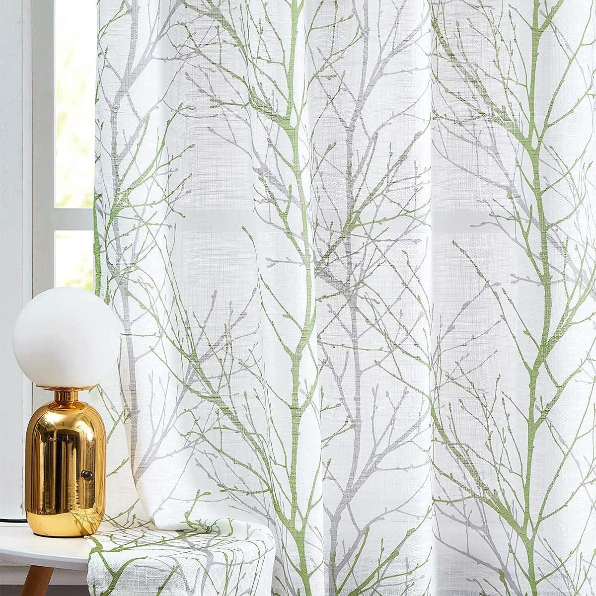 Fmfunctex Green Semi Sheer Curtains for Bedroom 54 Drop Grey Voile Curtains for Living Room Tree Branch Eyelet Curtain Linen Textured Light Filtering Window Curtain Drapes for Dining Room 2 Panels