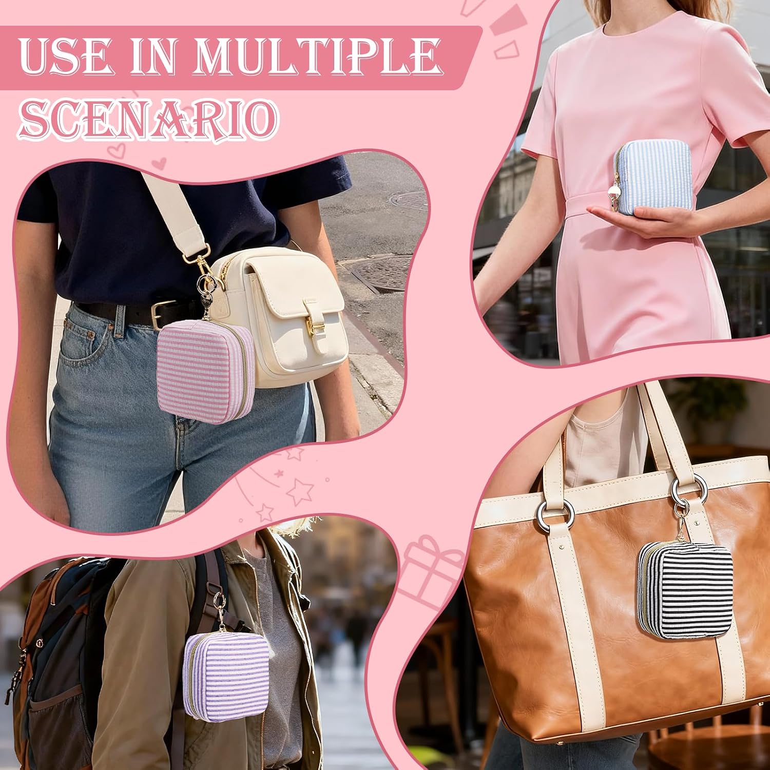 Stripes Period Bag, Small Period Pouches for Teen Girls, Quilted Sanitary Napkin Storage Bag, Compact Discreet Pad and Tampon Holder for Purse (Mini Stripes-Pink) image 5