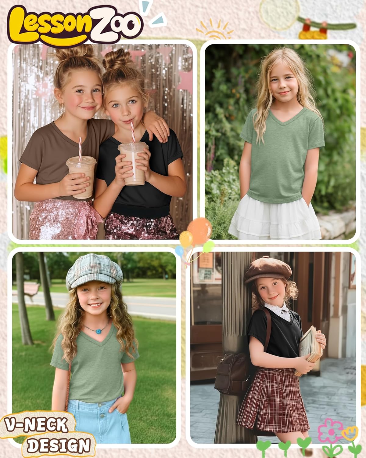 3 Pack Girls' V-Neck T-Shirts 5-14 Years Kids Short Sleeve Cute Summer Tee Shirts Teens Baggy Plain Soft Tops