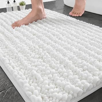 Yimobra Bathroom Rugs Non Slip Washable - Ultra Soft Absorbent Chenille Bath Mat, Quick Dry Shaggy Floor Carpet for Tub Shower, White Home Decor Accessories, 24x17 Inch