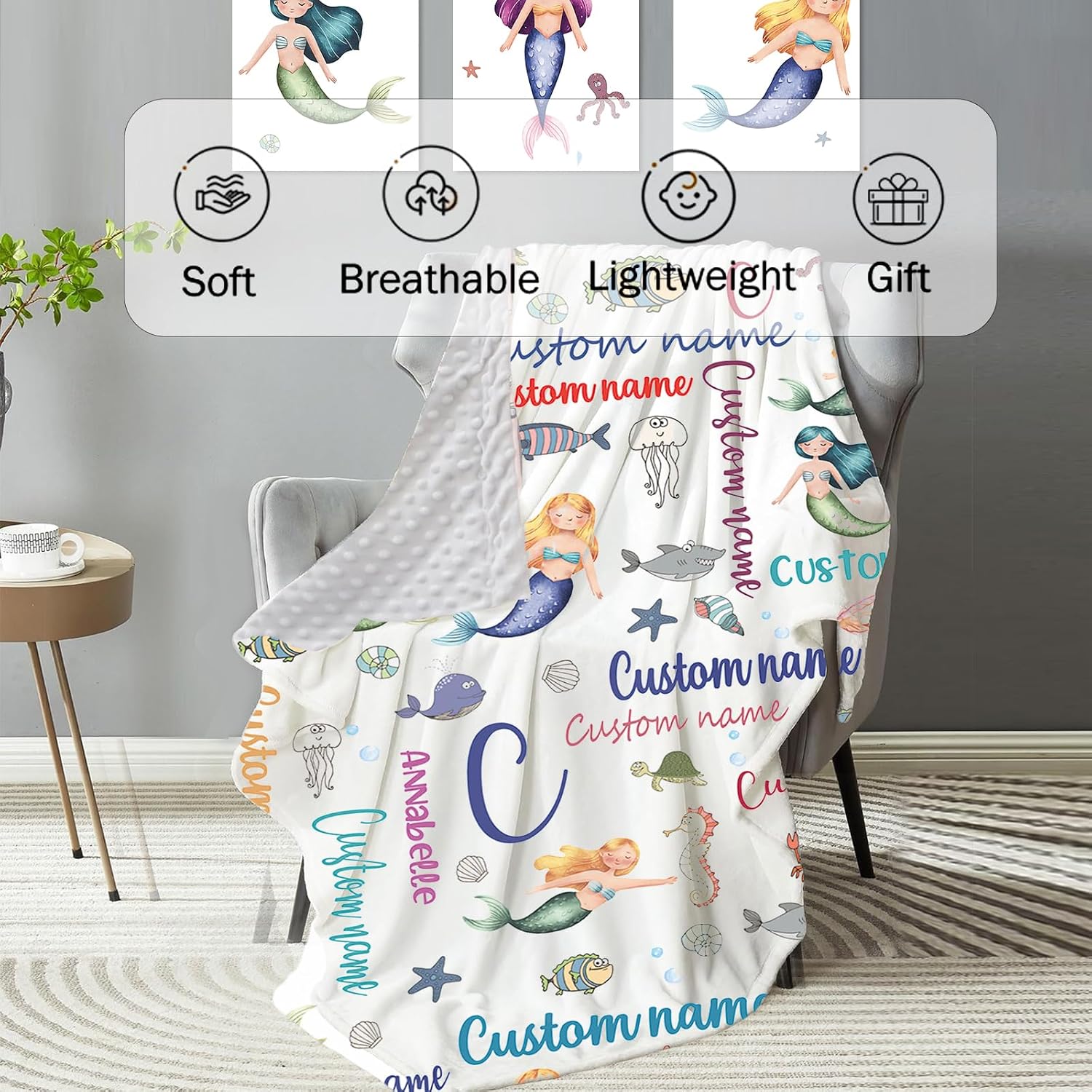 Personalized Baby Crib Bedding Set, 4 Piece Custom Name Crib Bedding, Double Layer Blanket Crib Sheet Changing Pad Cover Wall Art, Ideal Nursery Decor Gift for Newborn Toddlers, Mermaid Letters Theme