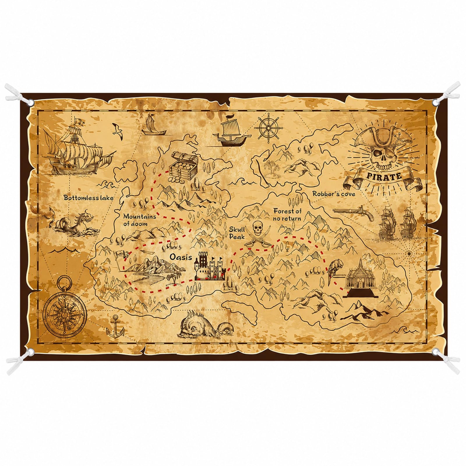 Teohhrn Pirate Treasure Map Banner – 6x3ft Nautical Party Backdrop with White Rope – Perfect for Pirate-Themed Parties, Birthday Decorations, and Photo Booths