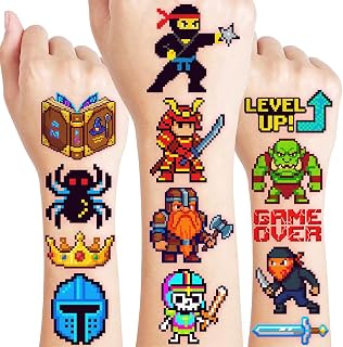 96 PCS Cute Retro Pixel Gaming Pre-Cut Temporary Tattoos for Kids | | Fun Pixel Video Game Theme Birthday Party Decorations Favors Supplies, Fake Tattoos, School Gifts for Boys Girls