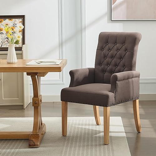 Fabric Dining Chair with Arms, Upholstered Tufted High Back Dining