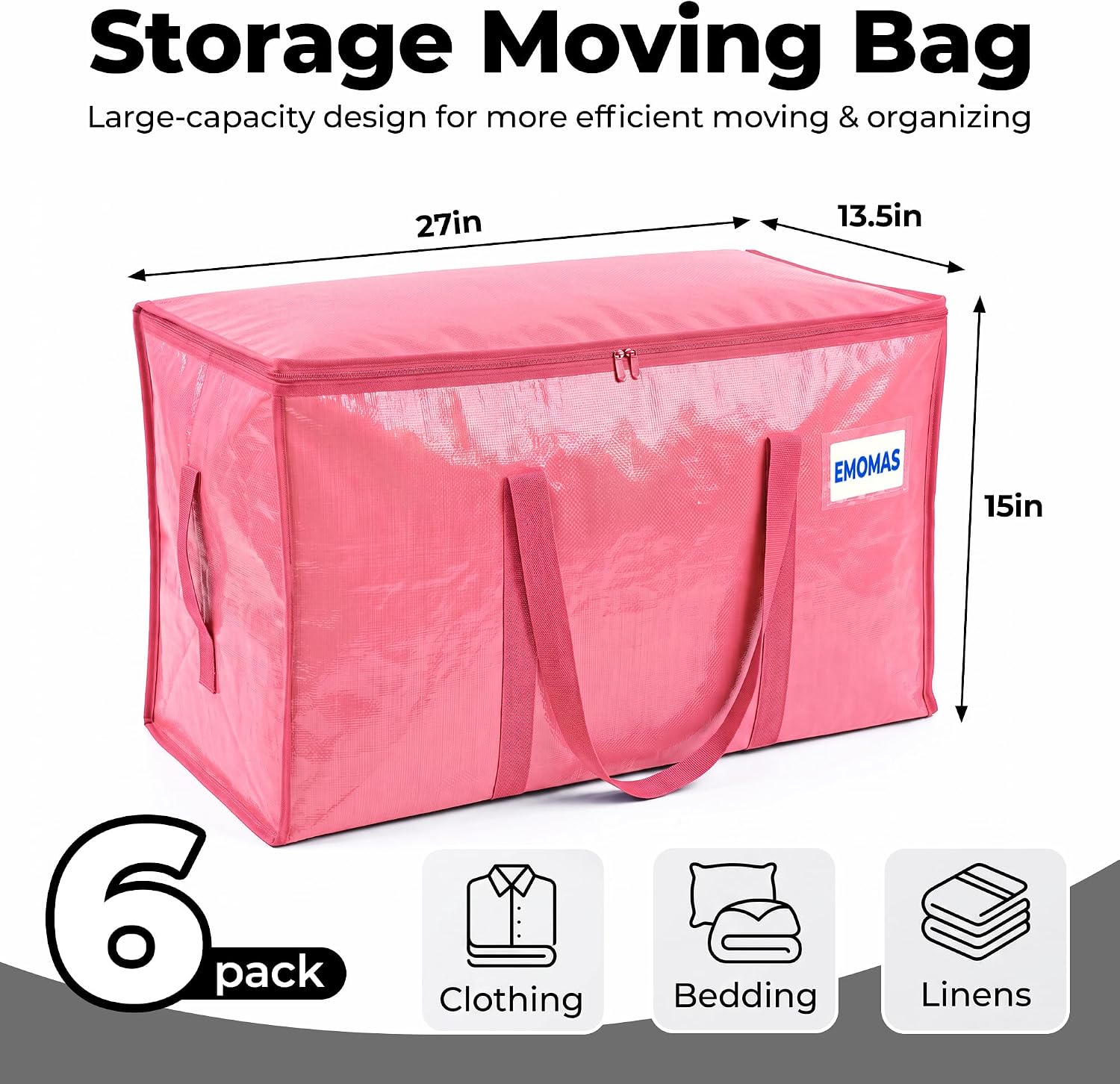 6 Pack Moving Bags, Pink, 27 x 13.5 x 15 in Each