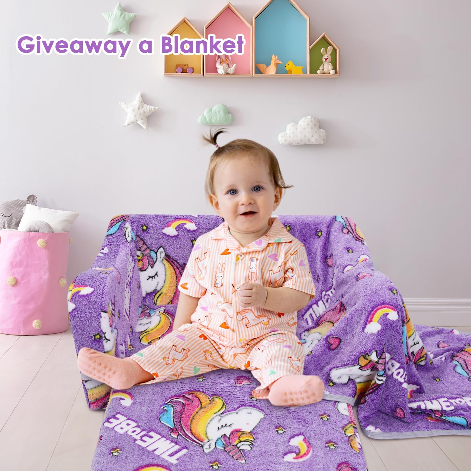 Divano Bambini Trasformabile 2-in-1,Stabile Poltroncina Pieghevole per Bambini Ragazze con Coperta ,Comoda Divano Letto per Bambini che Brillano nel Buio per Camere da Letto e Soggiorno,Unicorno Viola