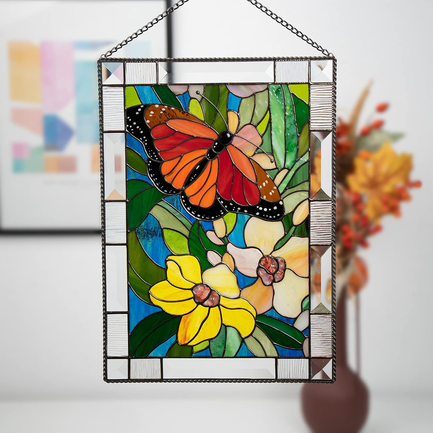 Monarch Butterfly Stained Glass Window Hanging Panel Tiffany Glass Art Handicrafts for Home Decor Genuine Living Room Design Idea