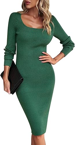 AGYMNX Women's Fall Long Sleeve Sweater Dress Square Neck Side Bodycon Ribbed Kn