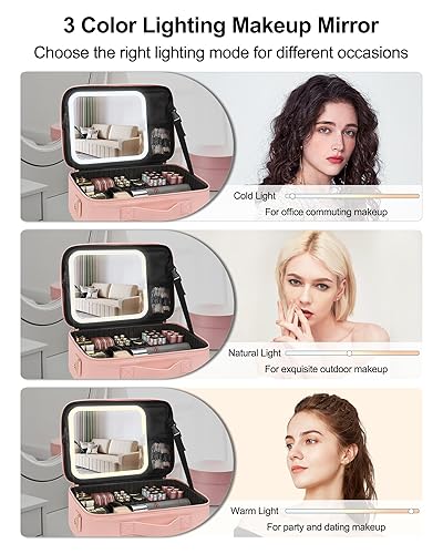 Vista 21 de Relavel Bolsa de maquillaje de viaje con espejo LED, estuche de tren de cosméticos con espejo iluminado, bolsa organizadora portátil para 01-Negro