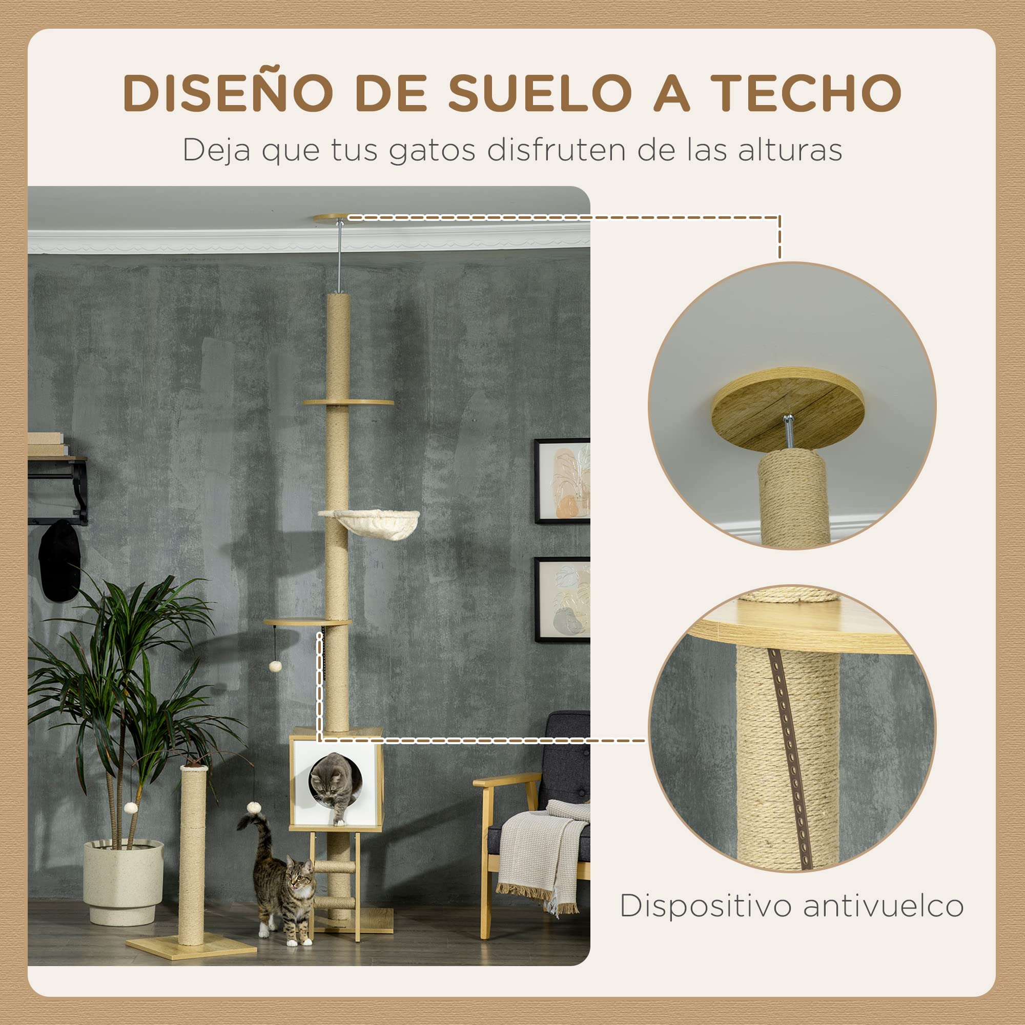 PawHut Árbol para Gatos Techo Ajustable 40x40x225-285 cm Beige | 225-285 cm Altura Ajustable, Árbol para Gatos Grande, con Plataformas, Hamaca, Caseta, Poste de Yute, Rampa y Bolas