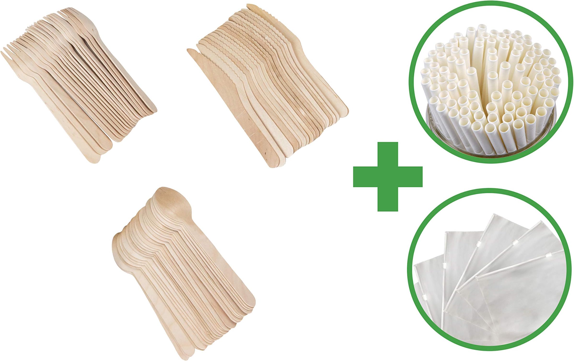 LIQUIDATION disposable wooden cutlery utensil set w/PAPER STRAWS IN RESEALABLE BAG - 100 pack: 25 Spoons 25 Forks 25 Knives 25 Straws. Perfect for all occasions: wedding, baby shower, st patrick