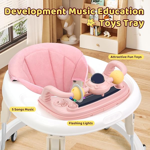 Baby Walker, Foldable Multi-Function Anti-Rollover Walker with Music Tray & Light, 7 Level Height Adjustable, Baby Walkers for 1 Year Olds Suitable for All Terrains (Pink) - 2