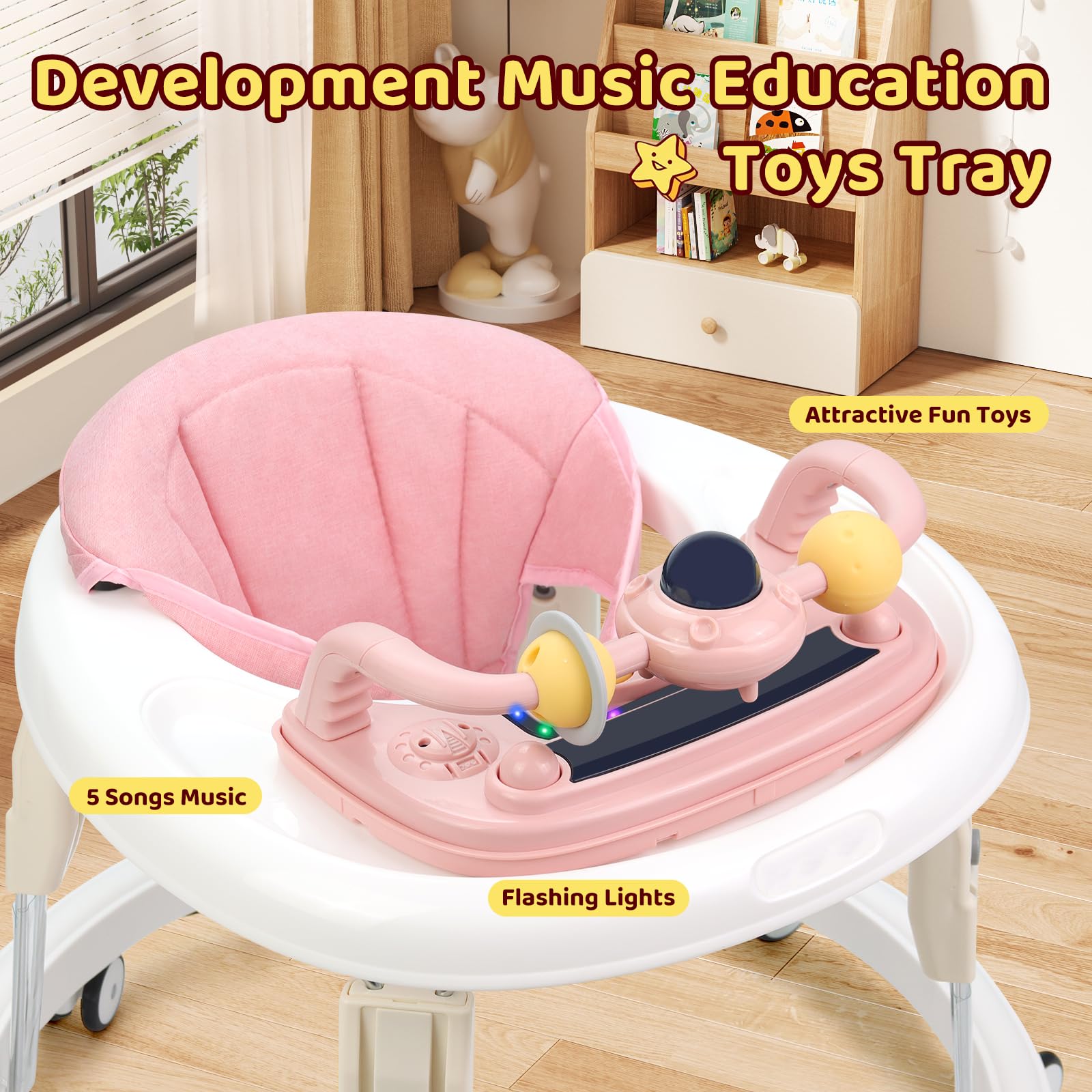 Baby Walker, Foldable Multi-Function Anti-Rollover Walker with Music Tray & Light, 7 Level Height Adjustable, Baby Walkers for 1 Year Olds Suitable for All Terrains (Pink) - 2