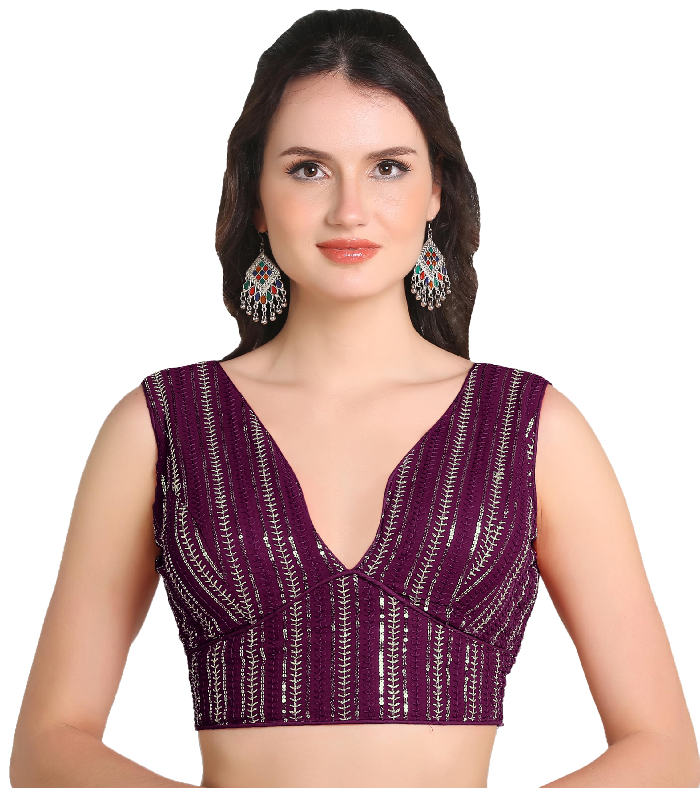 Pujia Mills Women's Indian Ethnic Wear Sabyasachi Sequence With Dhaga Embroidered Zari Work Sweetheart Neck Blouse Sleeveless Readymade Padded Saree Back Open String Pattern Blouse