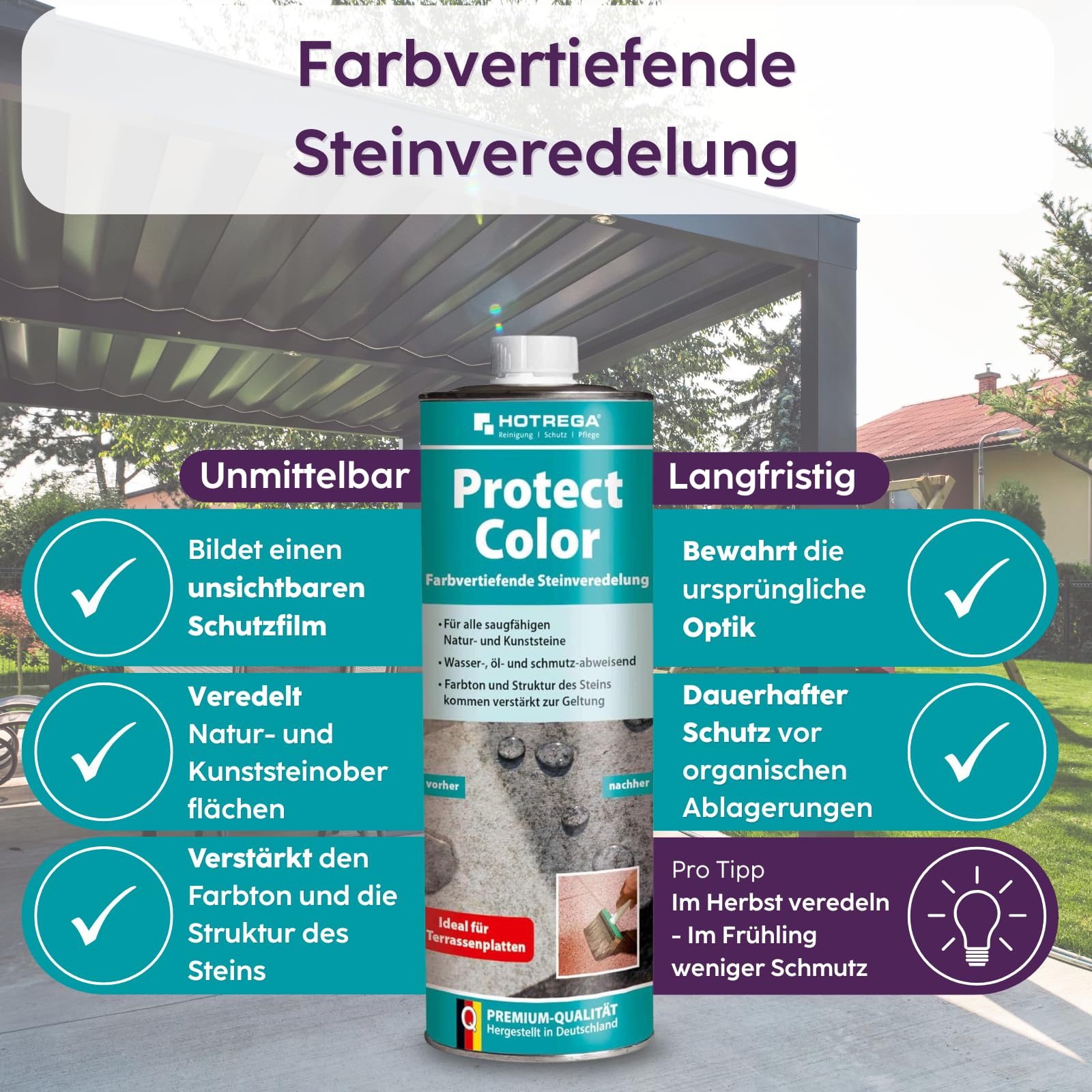 HOTREGA Protect Color 1 L | Steinveredelung mit Farbvertiefung | Schutz vor Flecken & Verschmutzung | Ideal für Granit, Schiefer, Marmor, Beton, Terracotta | Innen- & Außenbereich