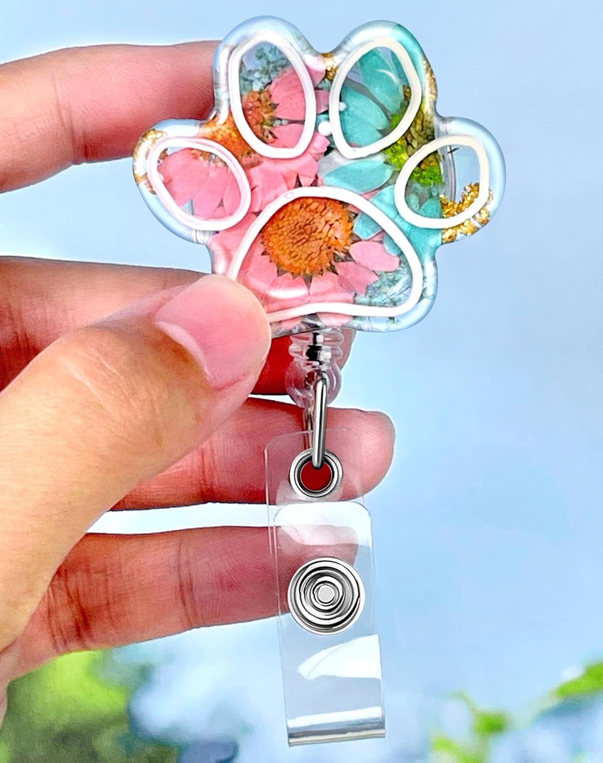 Plifal Dog Dried Flower Badge Reel Holder Retractable with ID Clip for Nurse Nursing - Resin Floral Name Tag Card Accessories Alligator Clip for Medical Office Worker Teacher Student Blue