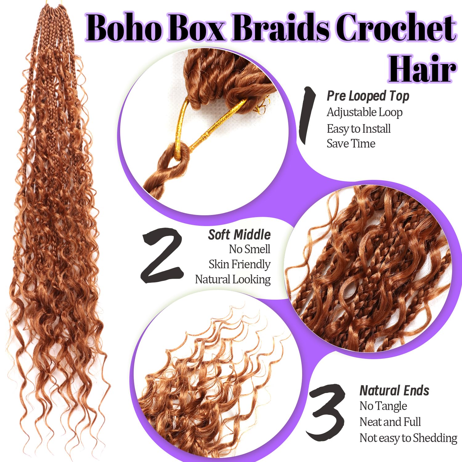 Goddess Box Braids Crochet Hair for Black Women-8 Packs 24 Inch Boho Crochet Braids Pre Looped with Curly Ends (dark brown, 24 inch(four curly hair))