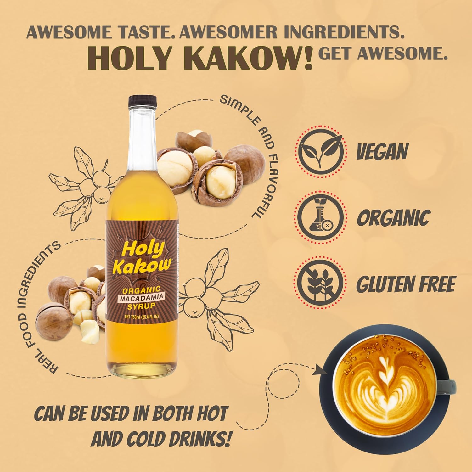 Holy Kakow Cafe Organic Macadamia Syrup - Macadamia Coffee Syrup, Organic Syrup for Coffee, Latte, Cocktail and Shake, Real Food Ingredients - 750ml