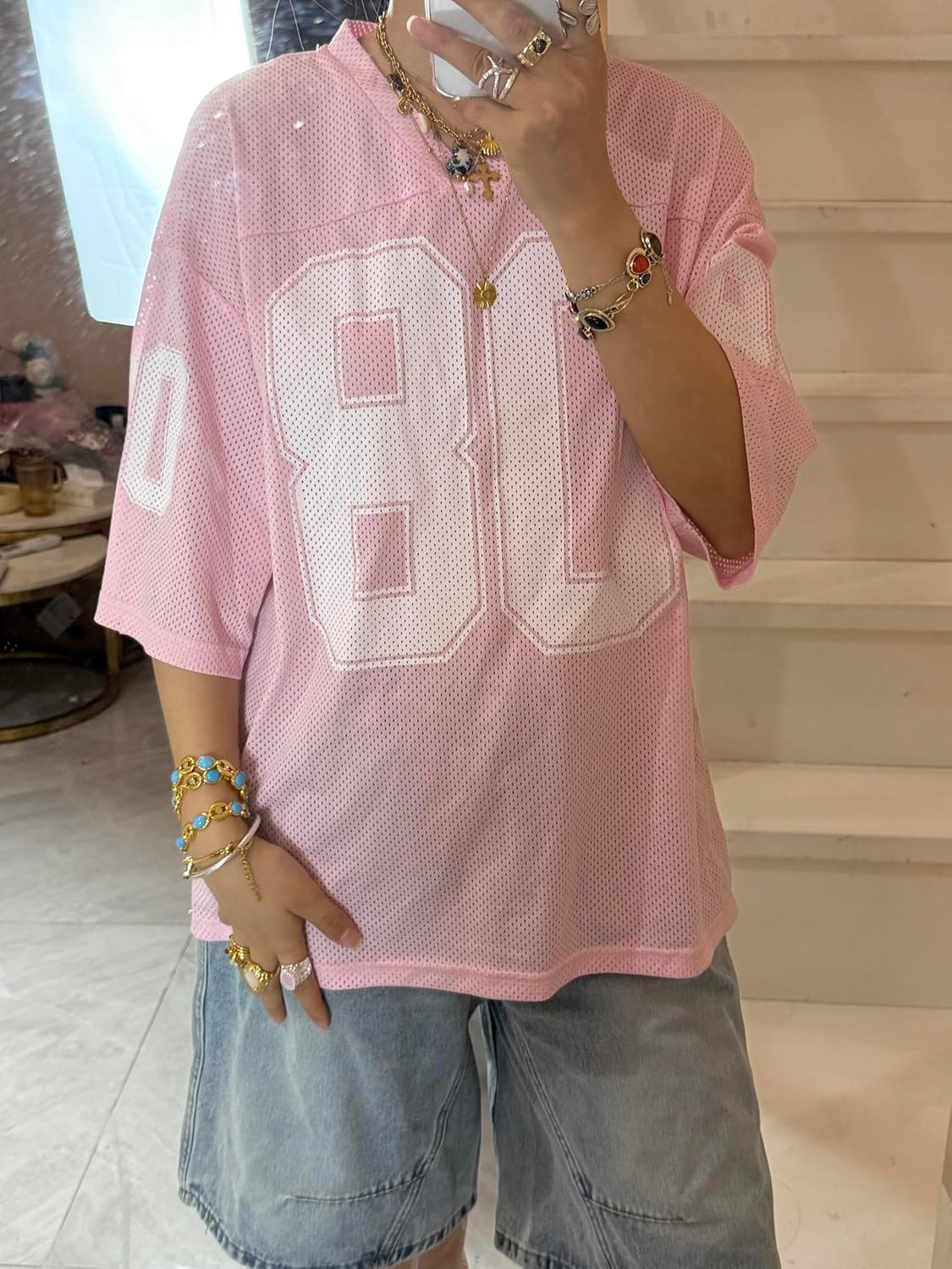 DSORVICD Women Oversized Jersey Shirts Y2k Number Print Graphic Tees V Neck Short Sleeve Baggy T-Shirt Preppy Clothes - Image 2