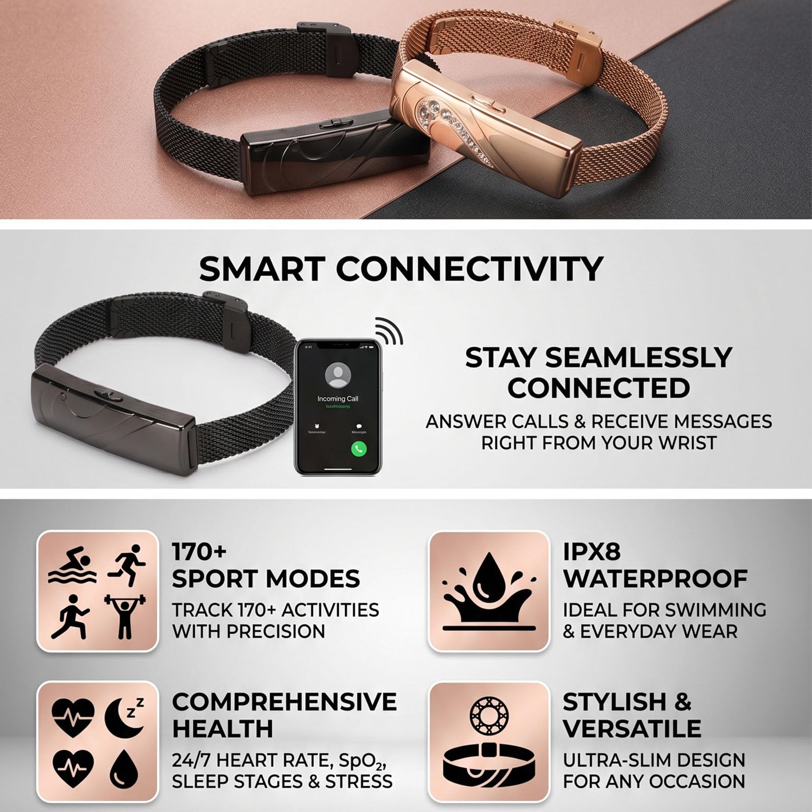 Pulsera Inteligente para Hombres y Mujeres, Rastreador de Actividad Física 170 + Modos Deportivos, Monitor de Sueño y Estrés 24/7, Pulsera para Parejas con Impermeabilización