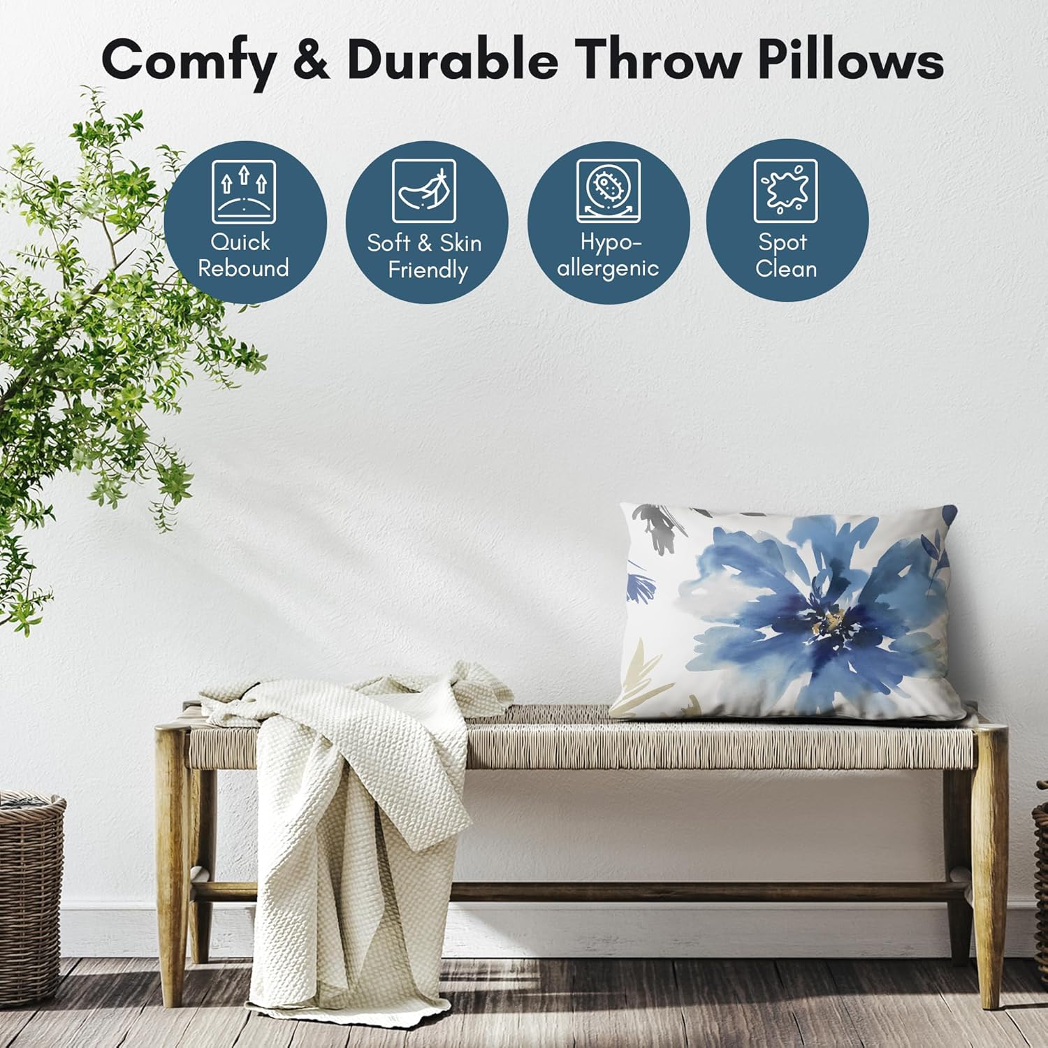 Americanflat 20x14 Throw Pillow with Sewn-in Insert - All-in-One Decorative Pillows - No Cover Needed - Soft and Durable Cushion for Bed or Sofa - Polyester - White and Indigo