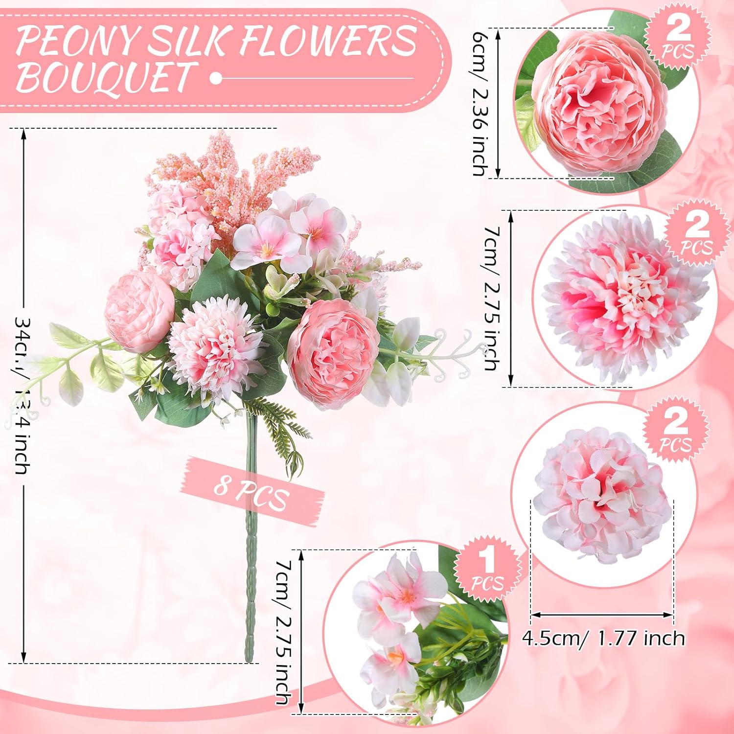 Zeyune 8 Pcs 13.4 Inch Artificial Flowers Bouquet Fake Silk Flowers Faux Bouquet Hydrangea Bouquets for Mother's Day Wedding Birthday Table Centerpieces Home Office Decoration(Pink,Peony)
