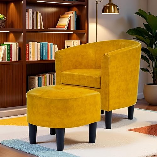 Miniatura 4 de Silla de barril de cuero con juego otomano, sillas decorativas de piel sintética con diseño otomano y centro copetudo, moderno sillón tapizado con