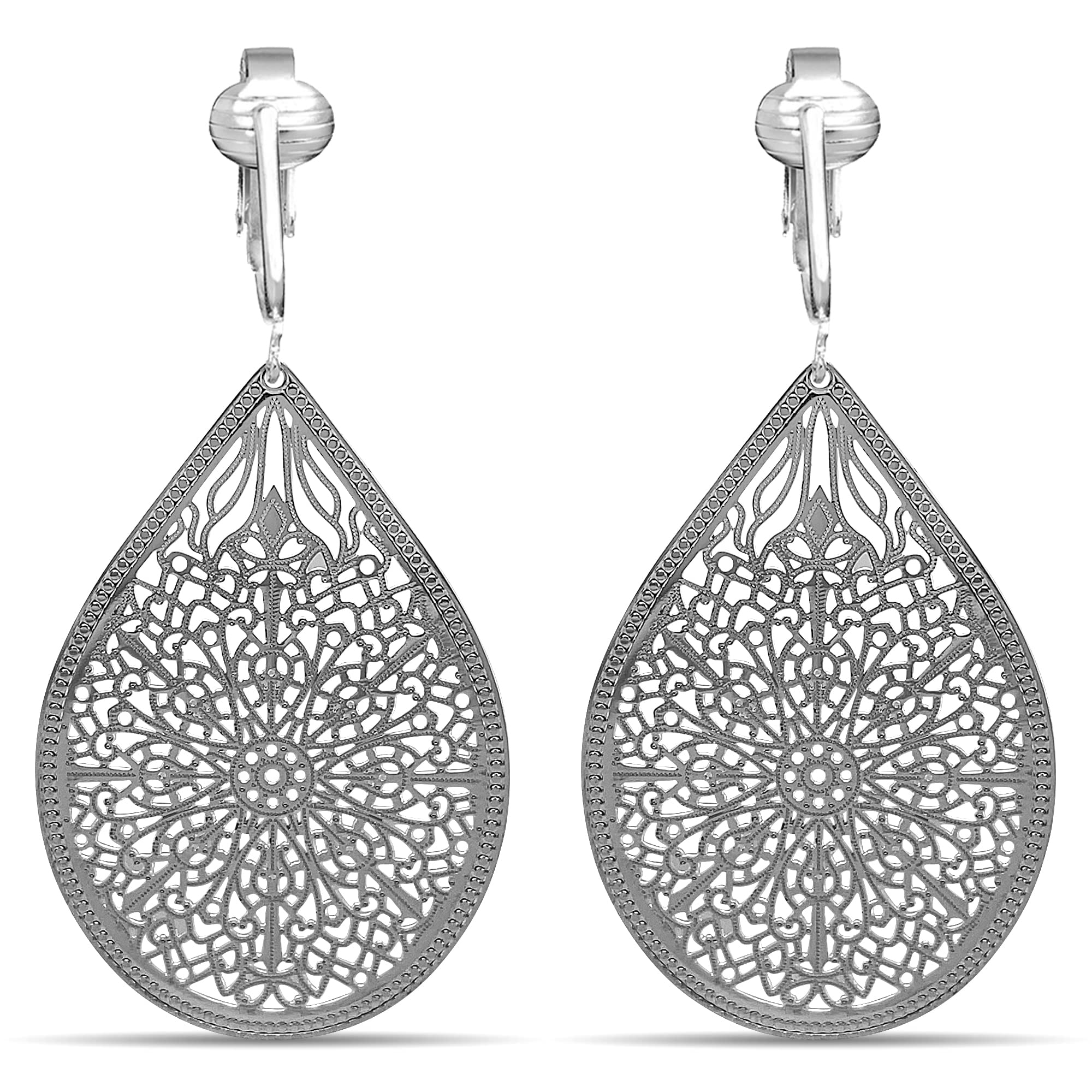 Aloha Earrings Large Victorian Filigree Teardrop Non Pierced Clip On Dangling Earrings