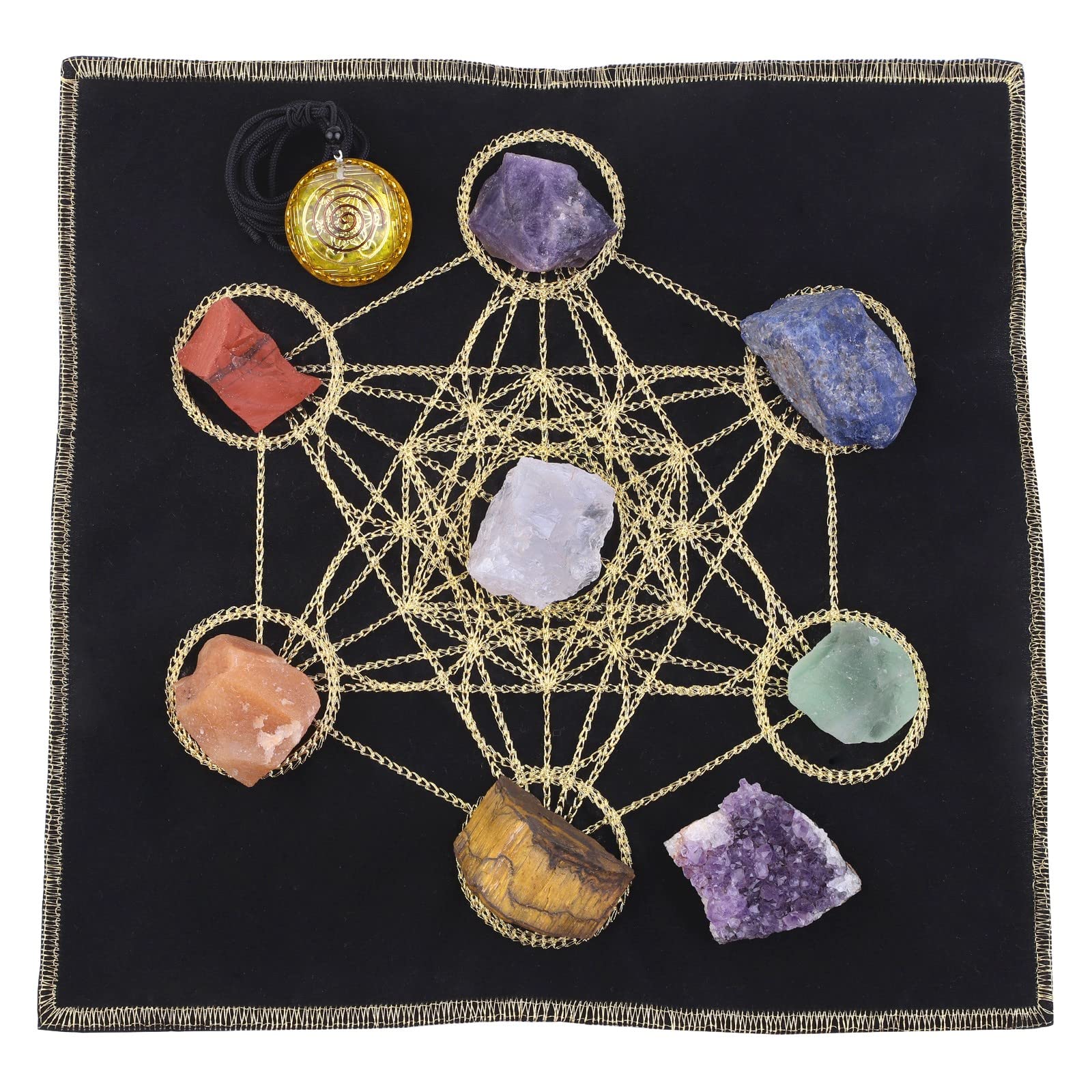 Amogeeli Set di 7 pietre chakra e cubo di Metatron, geometria sacra e griglia di cristallo, per principianti, divinazione, meditazione, altare, pietra curativa, decorazione per energia, chakra, Reiki