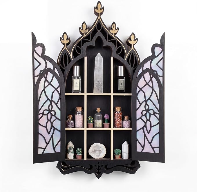 Gothic Witchy Crystal Shelf for wall, Gem Stone Rock Storage Holder Trinkets Organizer Shelf with Door, Wiccan Decor Spiritual Gift for Home Bedroom Living Room