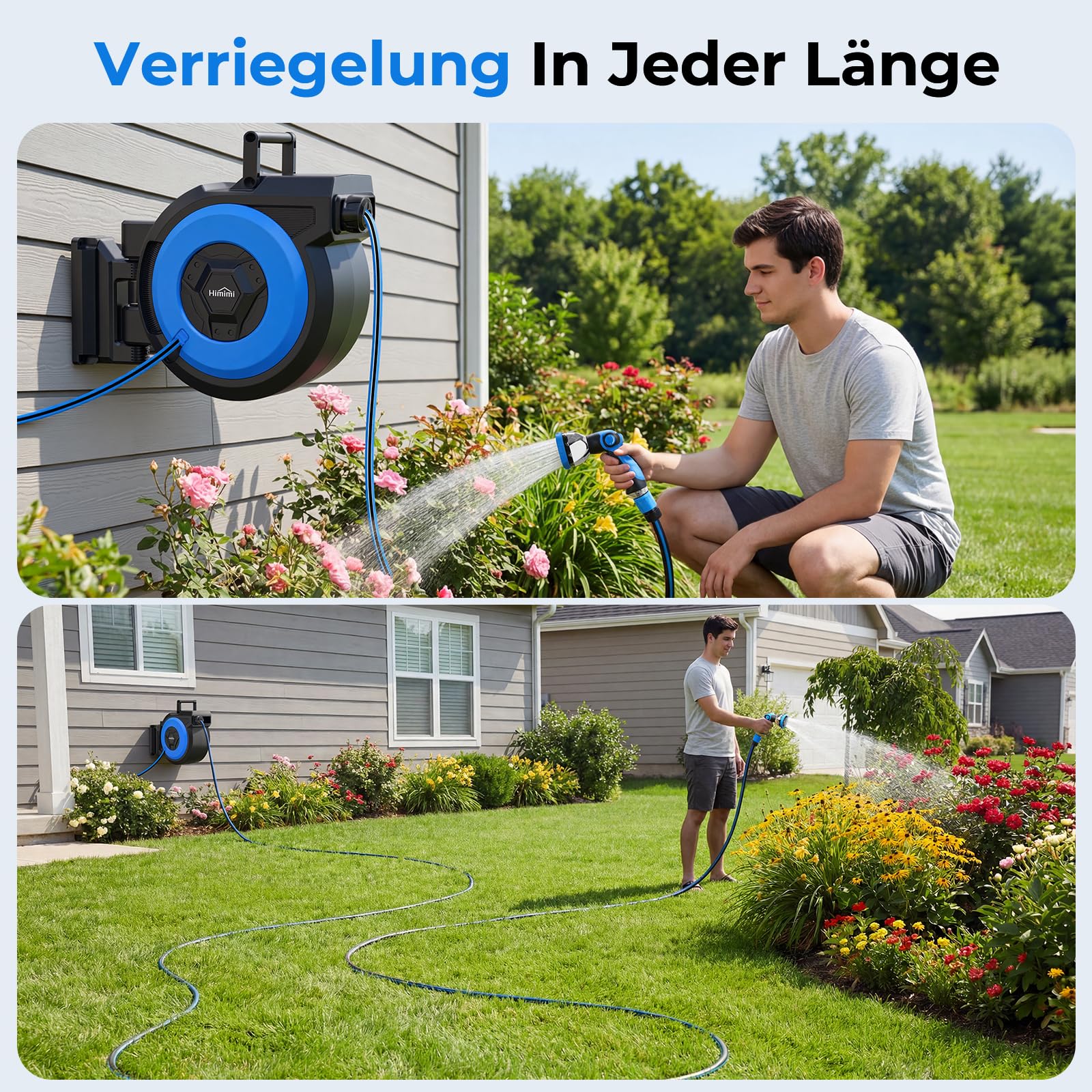 Himimi Schlauchtrommel Gartenschlauch 30m+2m, Wand-Schlauchbox 180° Schwenkbar, Automatischer Rückzug, 10-in-1 Multibrause, Arretierung in Jeder Länge – Garten & Autowaschen