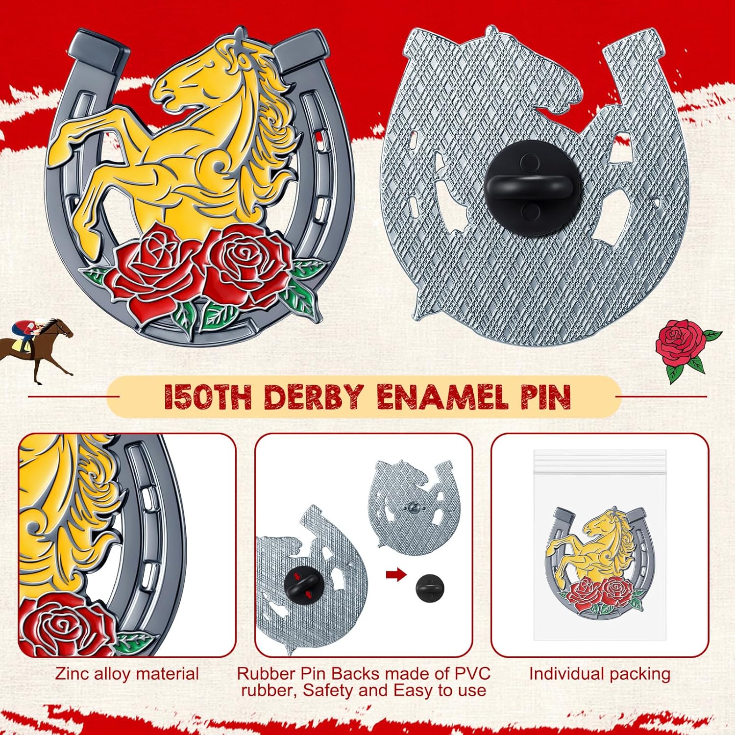 Thiccywoov Derby Party Lapel Pins Horse Racing Lucky Horseshoe Brooch for 150th Derby Party Supply Horse Lovers Decor